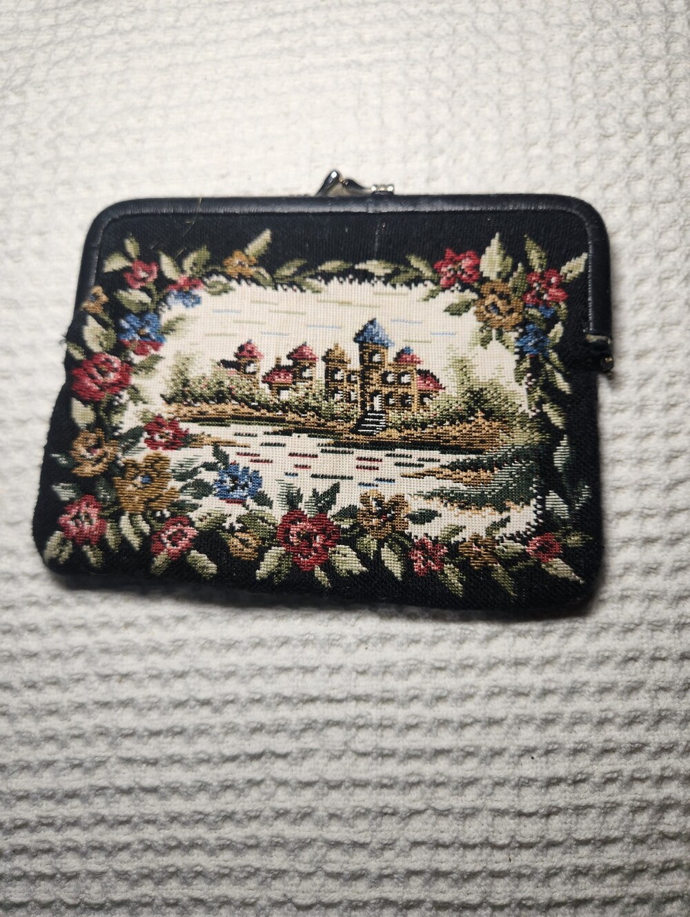 Vintage tapestry clutch purse / Lip Stick Bag with Castle , Lake And Florals